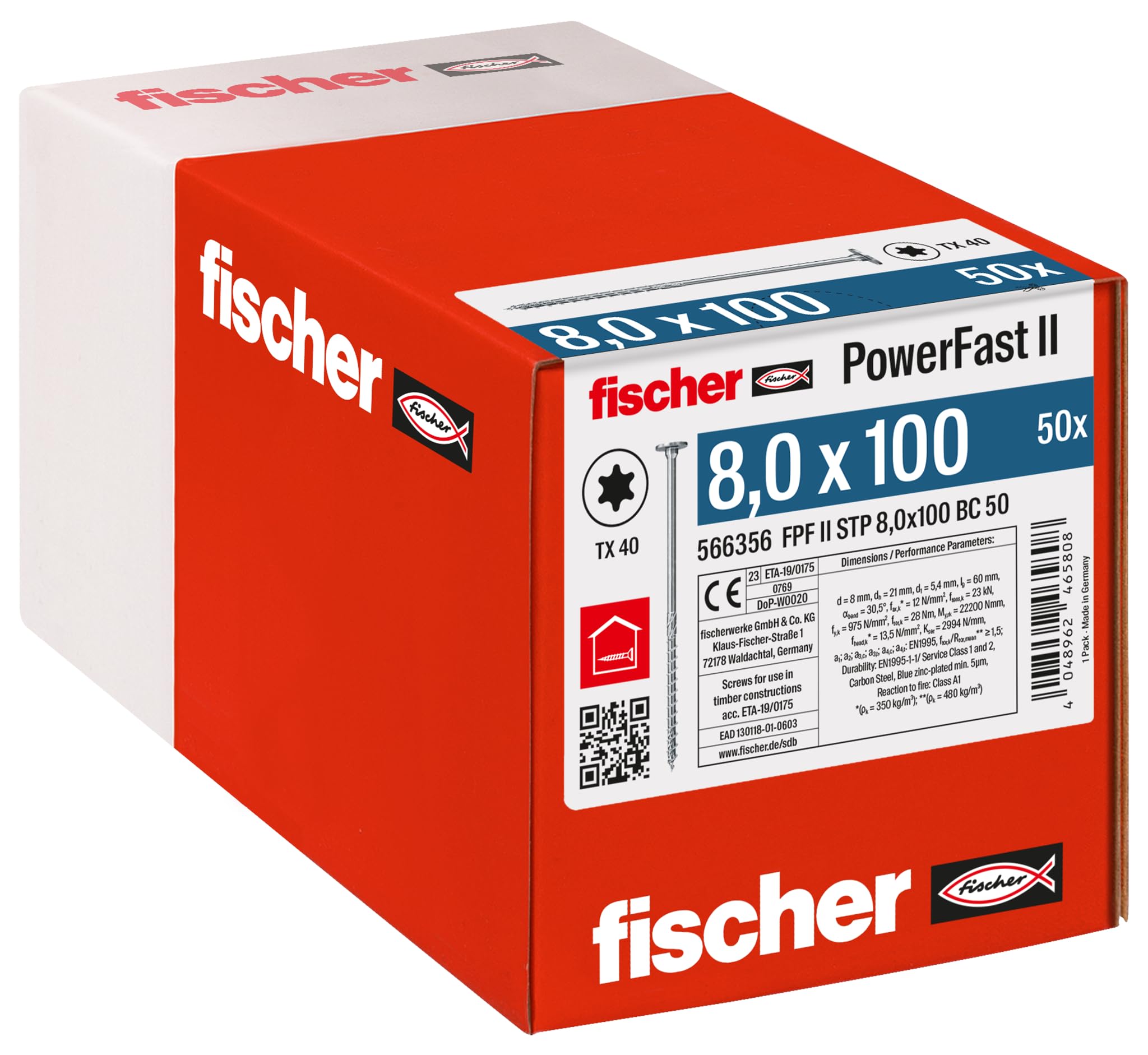 fischer PowerFast II STP 8.0 x 100, Powerful Wood Screws with Step Countersunk Head, Inner Star Socket and Partial Thread, for Constructive Wood Construction, Pack of 50