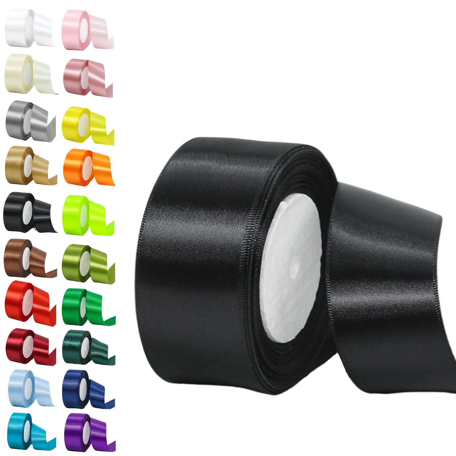 50mm Wide Black Ribbon for Crafting, 22M 2Inch Black Solid Fabric Large Thick Double Sided Satin Decorative Ribbon for Gift Wrapping Wedding Car Sewing Floral Xmas Presents