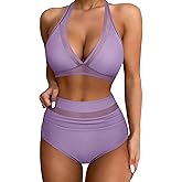 SUUKSESS Women Sexy High Waist Bikini Sets Mesh Tummy Control 2 Piece Swimsuits