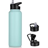 VQRRCKI 40 oz Insulated Water Bottle with Straw, Stainless Steel Sports Water Bottles with 2 Lids (Straw and Wide Mouth lid), Double Wall Vacuum, Leakproof, BPA-Free, Turquoise Blue
