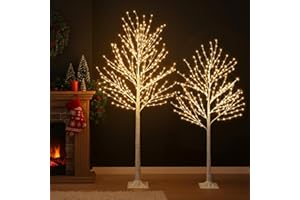 PEIDUO Lighted Birch Tree Set, White Christmas Trees Indoor Outdoor Decorations, 5FT 6FT Prelit Artificial Tree with Timer & 