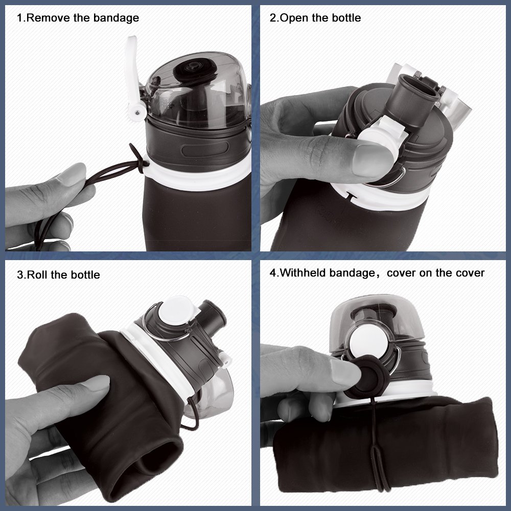 Collapsible Water Bottle,Folding Silicone Water Bottle,MeanLove Outdoor Sports 1000 ml/34 Ounce Portable Silicone Water Bottle Leak Proof Twist Cap,34 Ounce（34 OZ）/ 1 L Water Bottle (Black Gray, 1000 ml / 35 Ounce)