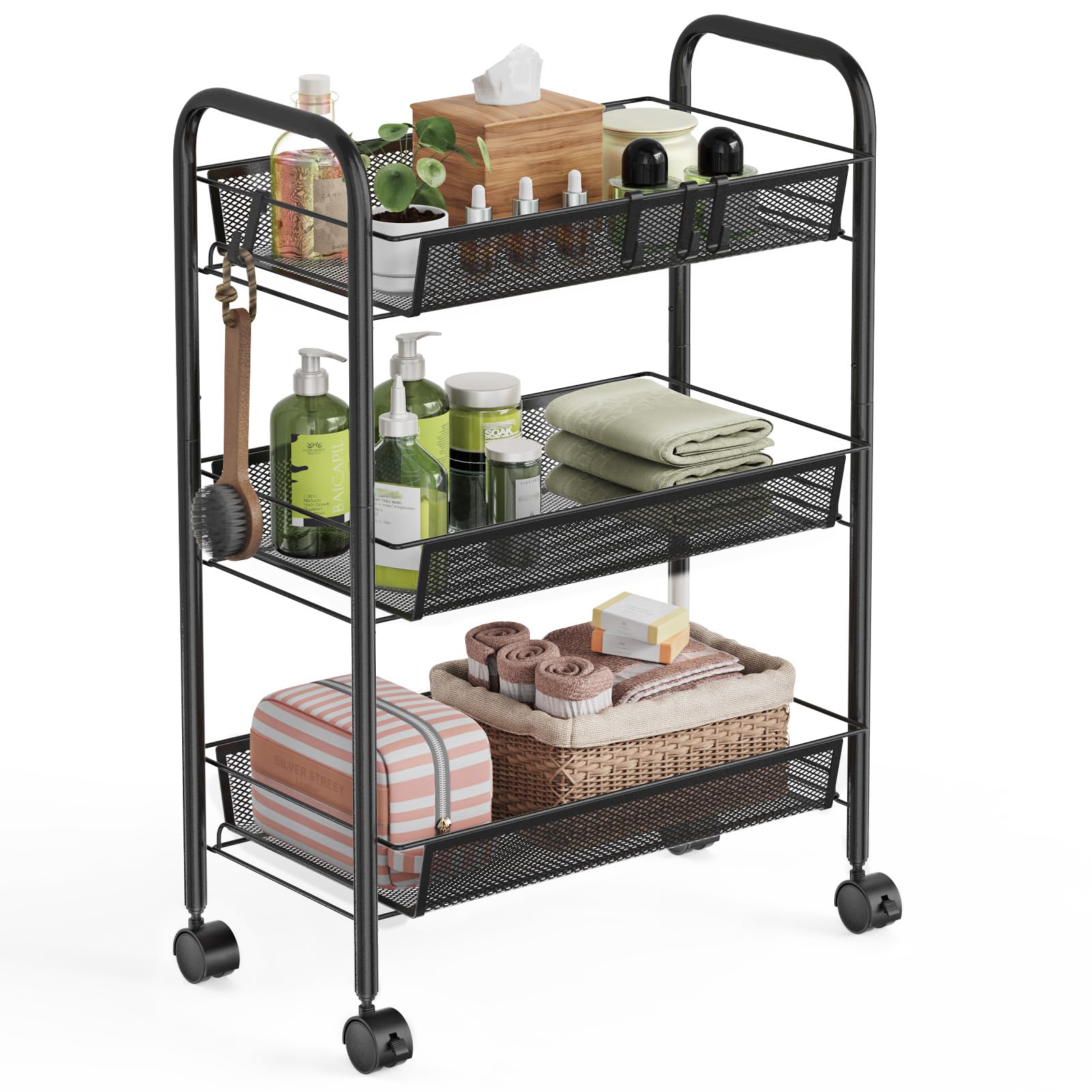 WELDUN 3-Tier Storage Trolley, Rolling Cart, Mesh Storage Cart, Mobile Storage Trolley, Portable, Stable and Easy to Set up, Bedroom Kitchen Bathroom Toilet Living Room Storage Cart, Metal, Black