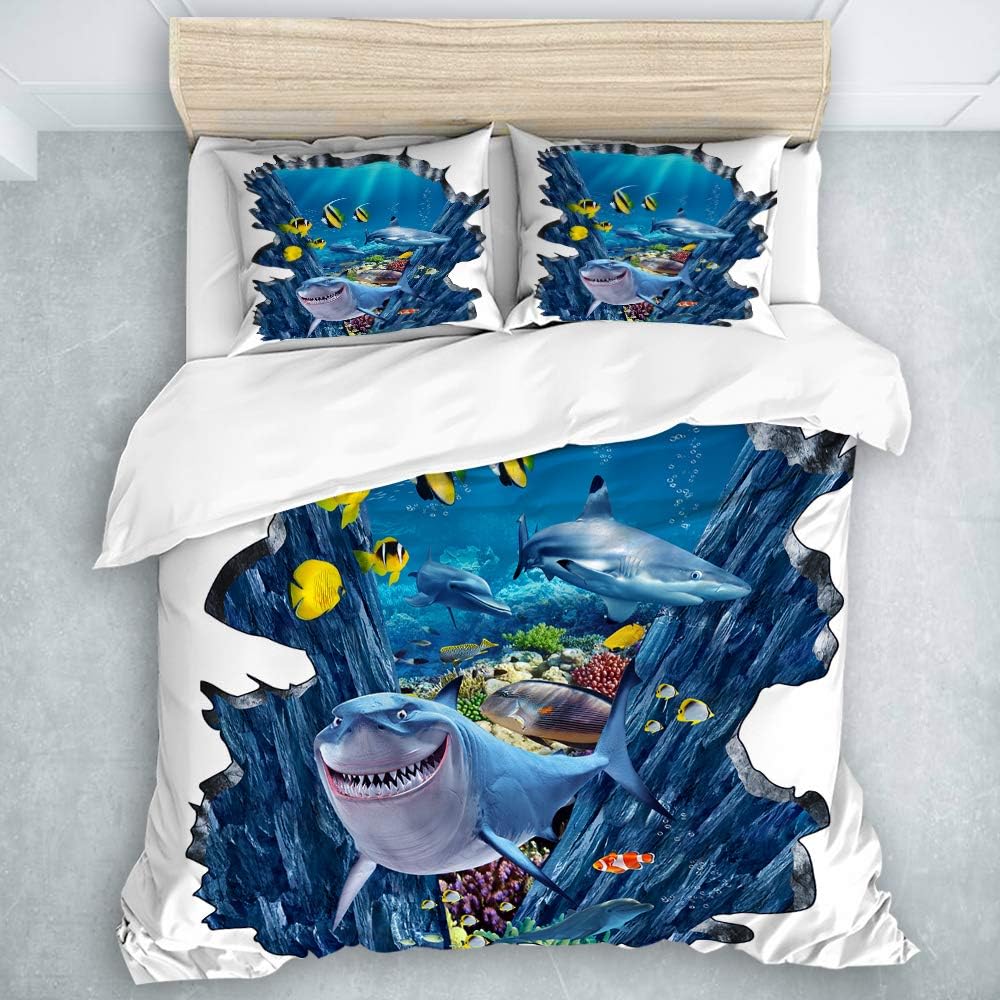 VAMIX Duvet Cover Set, Shark Giant Shark Cartoon Teeth Underwater World, Decorative 3 Piece Bedding Set with 2 Pillow Shams