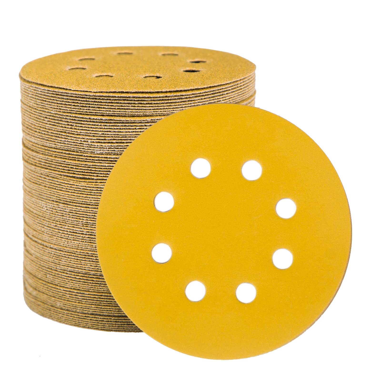 STEBRUAM 100pcs 125mm sanding discs, Sanding Discs Pads for Random Orbital Sander pads and All Oscillating Tools, yellow sanding discs 125mm Hook and Loop 320 Grit 8 Hole 5 Inch Round