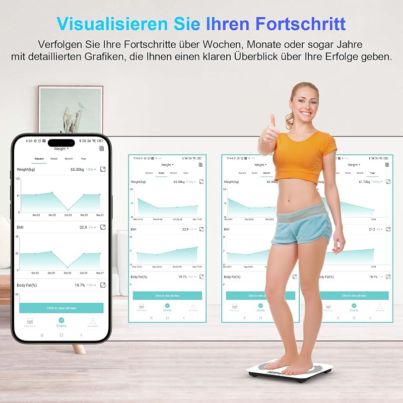 Intelligente Körperfettwaage mit 13 Körperzusammensetzungs-Messwerten, Intelligente Digitale Personenwaage Kompatibel mit iOS und Android, Max. 400 lb/180 kg, 26 × 26 cm