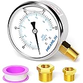MEANLIN MEASURE 0~100Psi Stainless Steel 1/4" NPT 2.5" FACE DIAL Liquid Filled Pressure Gauge WOG Water Oil Air Lower Mount, with 1/2" NPT and 3/8" NPT Hex Bushing