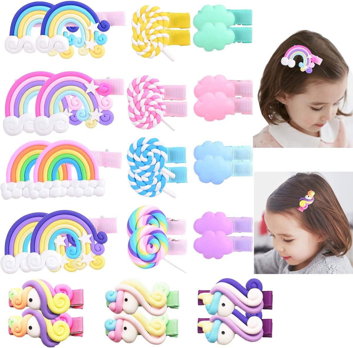 30Pcs/15Pair Baby Girls Hair Clips Rainbow Unicorn Lollipop Hair clips Soft Clay Fully Lined Alligator Hair Clips Accessories for Little Girls Children Kids Teens