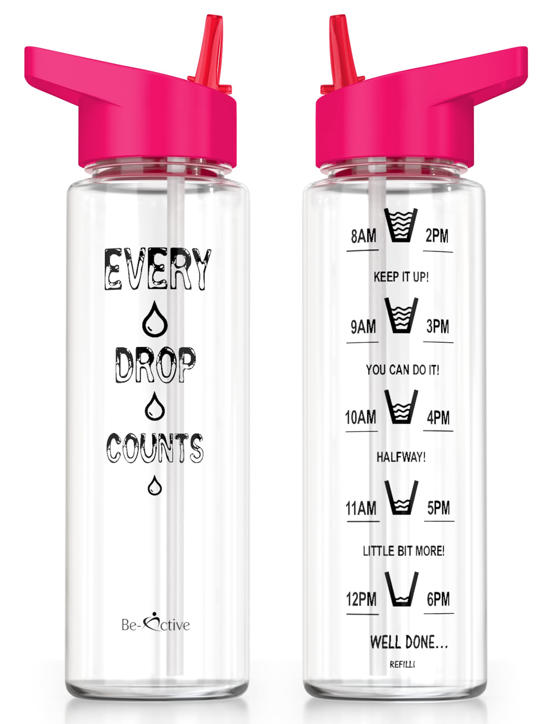 Be-Active Motivational Water Bottle with Straw – With Time Markings - Times to Drink – Tracker - BPA Free (Pink)