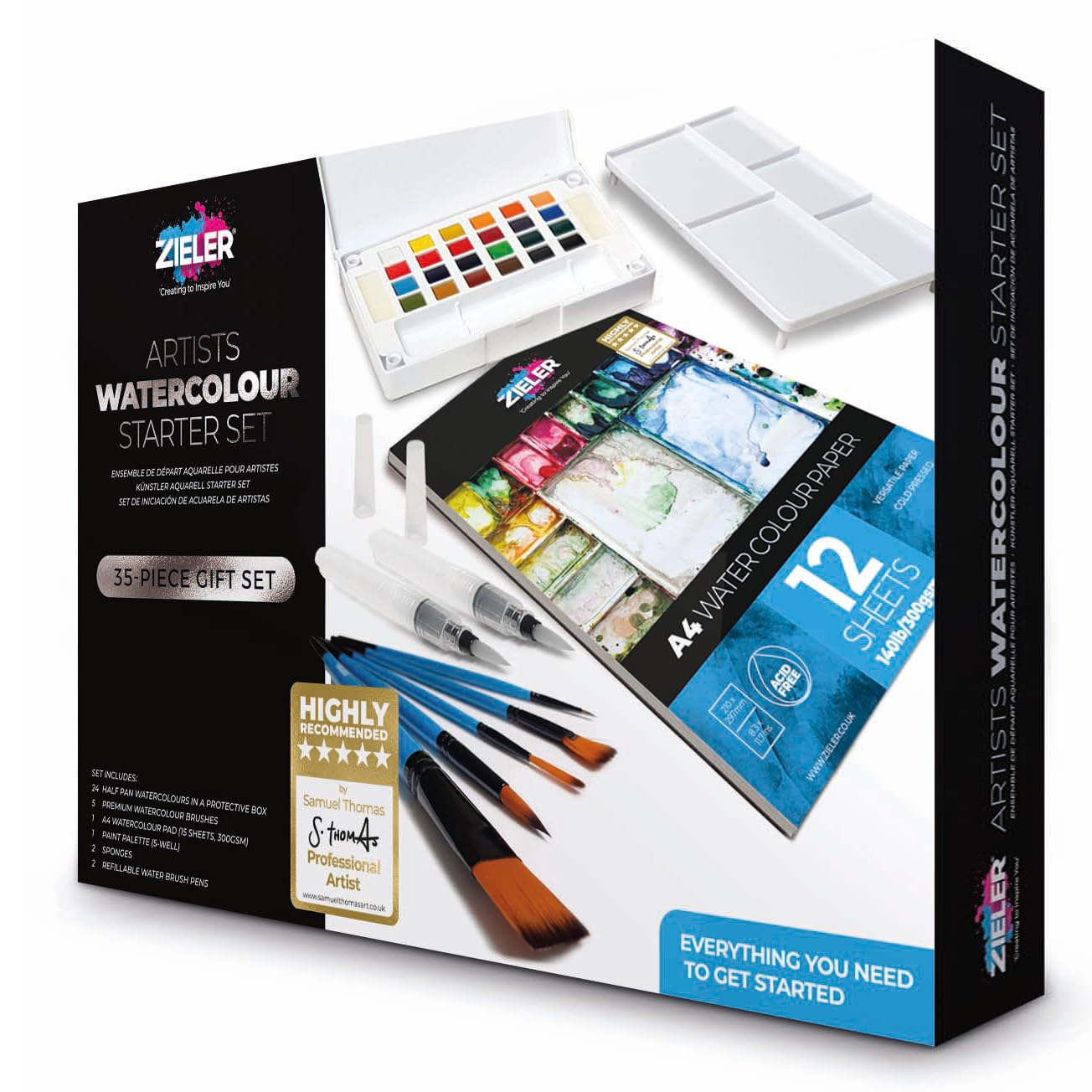 Zieler Premium Watercolour Starter Gift Set 24 Half Pans, 2 Refillable Watercolour Brushes, Mixing Pallet, 2 sponges, 5 Fine Taklon Watercolour Brushes & A4 Watercolour Paper Pad