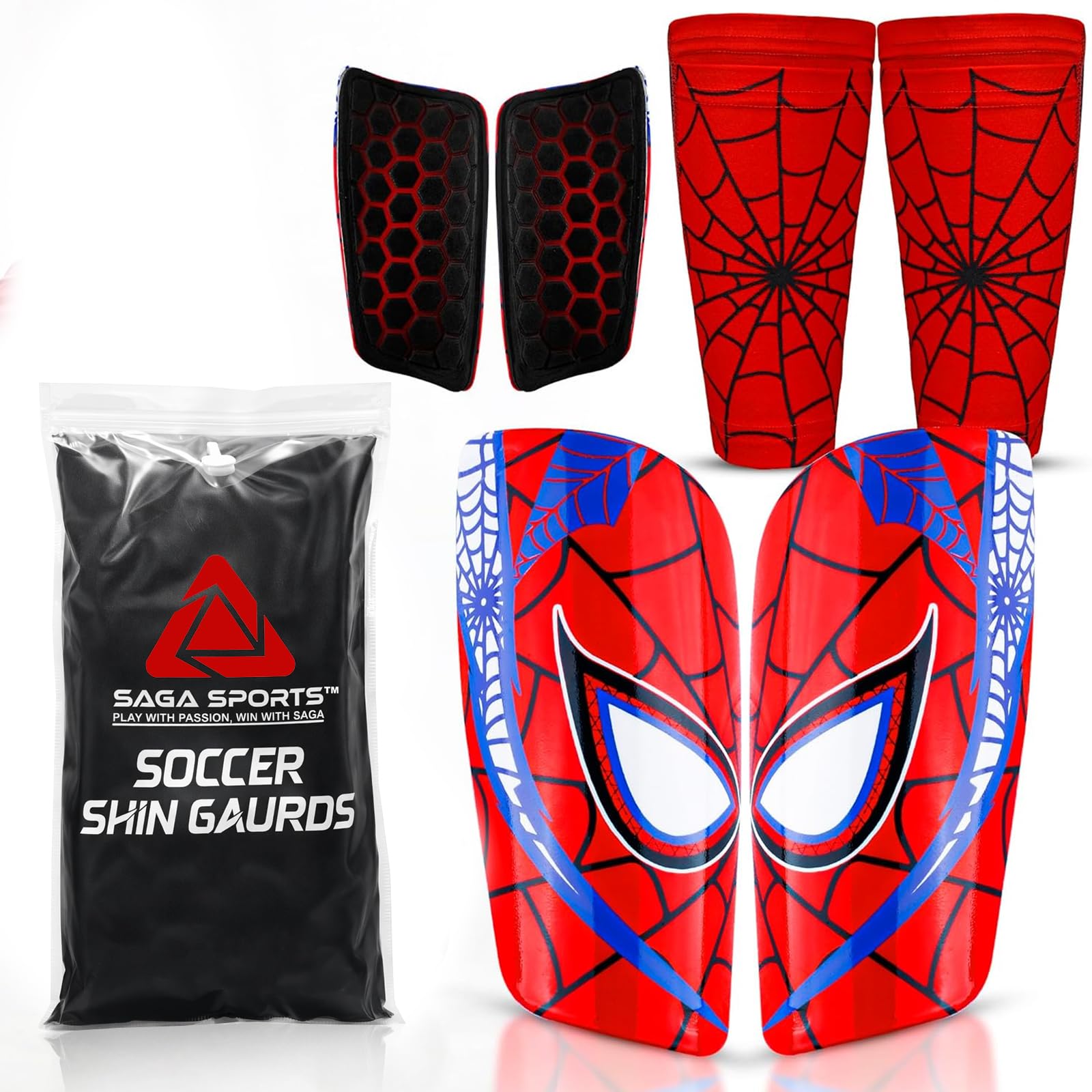 SAGA SPORTS Unbreakable Spider Football Shin pads mens Includes Sleeves Soccer Shin Guards Youth & Adults | Vibrant Colors, Lightweight & Durable| Kids Shin Pads Boys with EVA Foam - Small [6-8 Yrs]