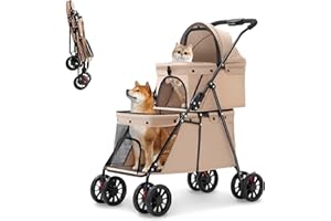 RKROUCO Double Pet Stroller for Medium Small Dogs and Cats with 2 Carriage, Durable Universal Wheels with Brakes Lightweight One Hand Foldale Kittens Puppies Travel Strolling Cart (Brown)