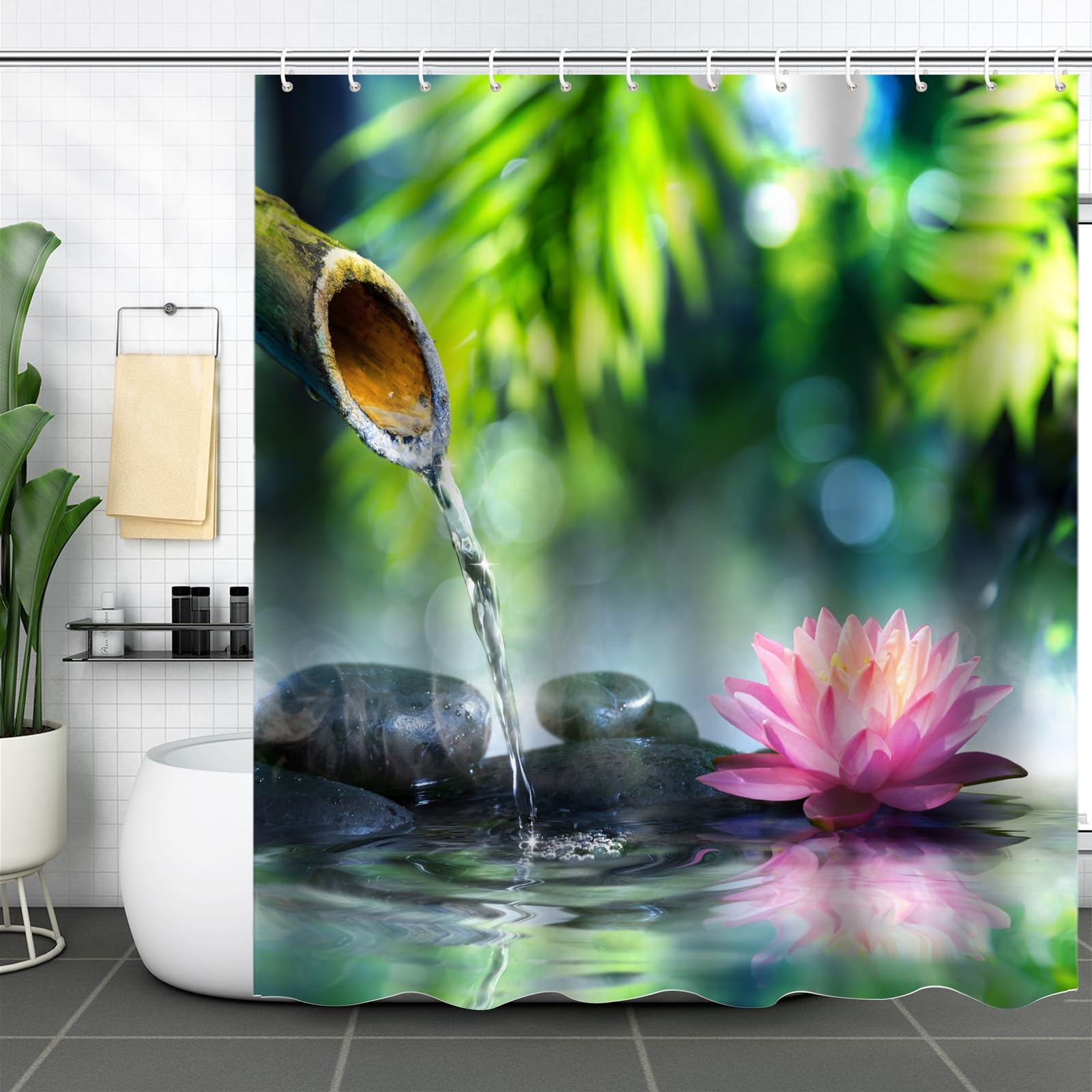 Lieson Shower Curtain Zen Theme Green Leaves Flower Shower Curtain 120x200cm