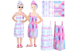 SmoothNovelty 2 Sets Girls Towel Wrap Hair Towel Wrap for Kids with Soft Bath Body Dress Cute Adjustable Bathrobe with Turbans for 3.9-4.9 ft Kids Girls Wet Hair Rapid Drying(Rainbow Style)
