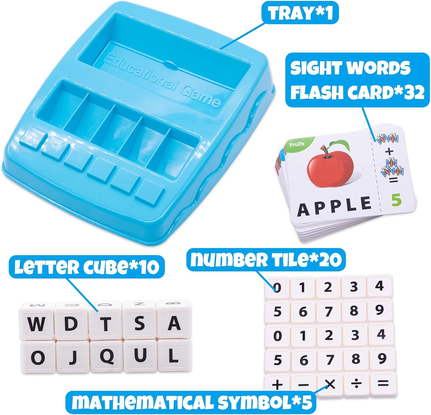 Conzy Educational Toys for Kids 5-7 Preschool, Matching Letter Number Words Spelling Math Learning Toy with 32 Flash Cards, Holiday Birthday Toy for 3 4 5 6 7 8 Year Old Girl Boy Gift (Turquoise Blue)
