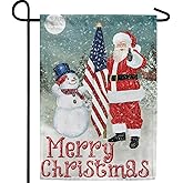 America Forever Merry Christmas Patriotic Garden Flag, 12.5 x 18 inch Double Sided, Santa Snowman American Banner, USA Holiday Winter Outdoor Decor, Xmas Yard