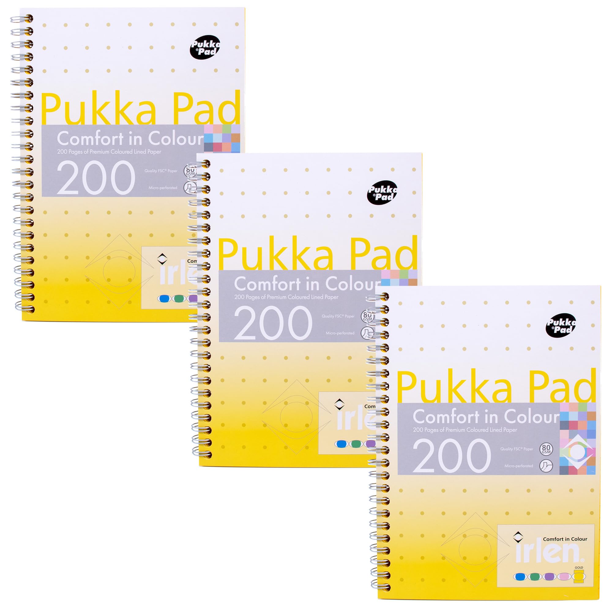 Pukka Pad, Irlen Jotta Pad A5 Notebook 3-Pack – Wire Bound Notepad 200 Pages of 80GSM Coloured FSC Certified Lined Paper – Designed for Visual Perception Difficulties – 21 x 14.8cm, Gold