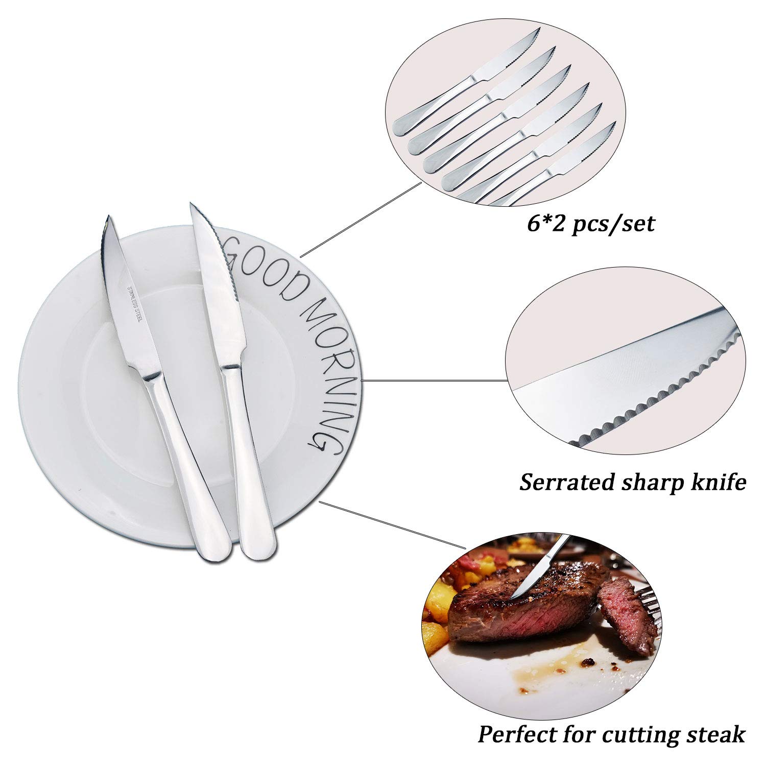 TaNaT Steak Knives Tableware Dinner Knife Set of 12 Serrated Stainless Steel Heavy-Duty 9 Inch Flatware Set