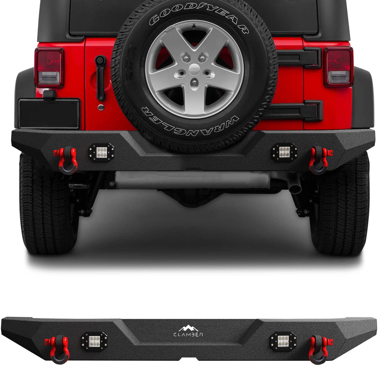 Photo 1 of CLAMBER Full-Width Rear Bumper for 2007-2018 Jeep Wrangler JK & Unilimited JKU 2/4 Doors (NOT for JL Models), Heavy Duty Off-Road Back Bumper Guard with 2PCS 18W Flood Lights