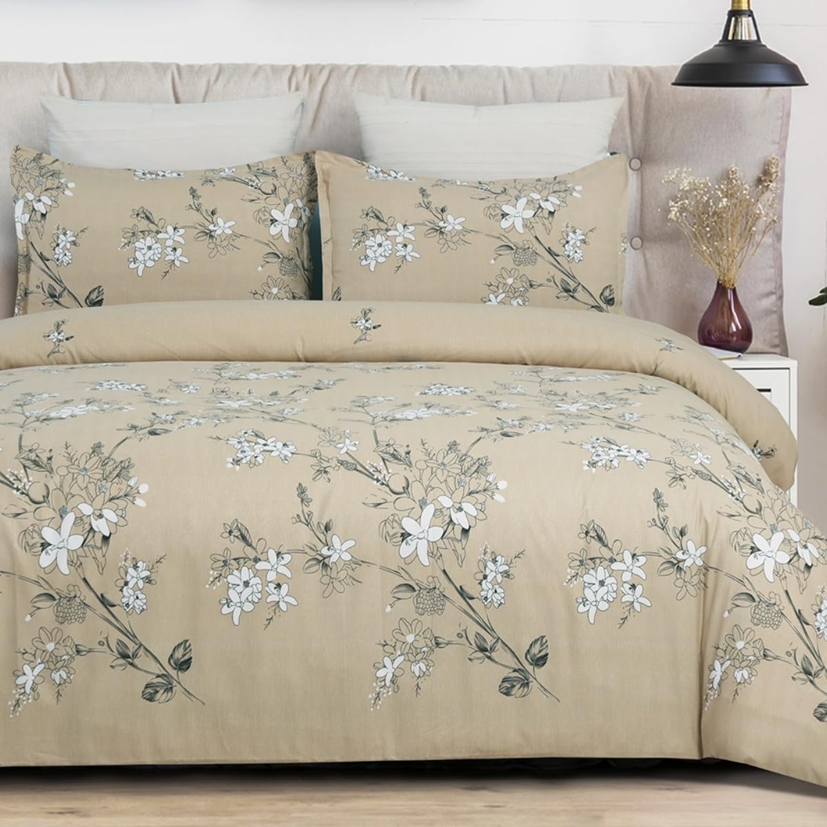 YEPINS Microfiber Quilt Duvet Cover Set with Zipper Closure and Corner Ties, Blossom/Branch Floral Printed Pattern, Camel Colour- Super King Size(260X220CM)