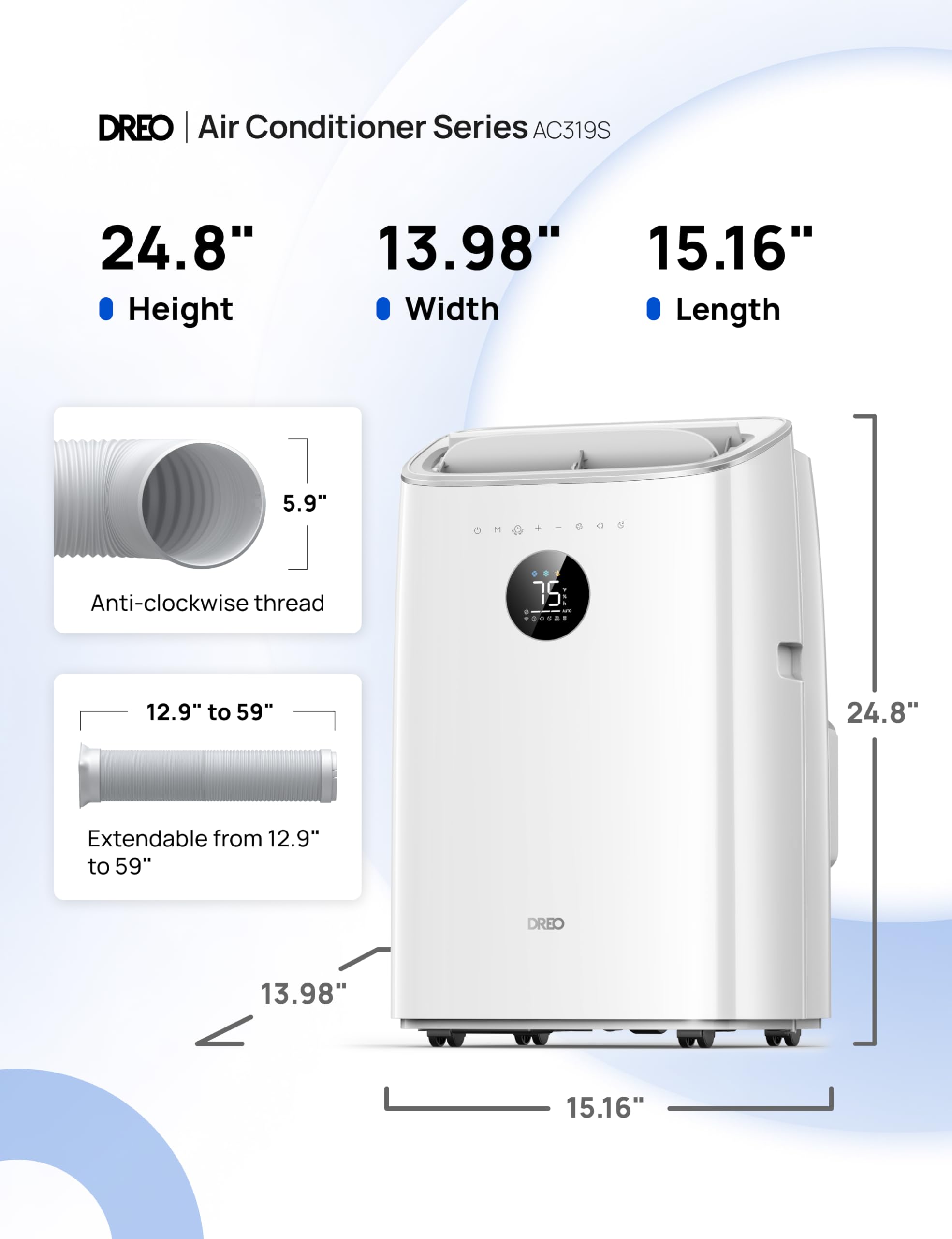 Dreo Portable Air Conditioners, 10,000 BTU ASHRAE (6000 BTU SACC) Smart AC Unit for Bedroom with Dehumidifier, Drainage-free Cooling, 45dB Quiet, APP/Voice/Remote, Standing AC for Room Indoors, AC319S