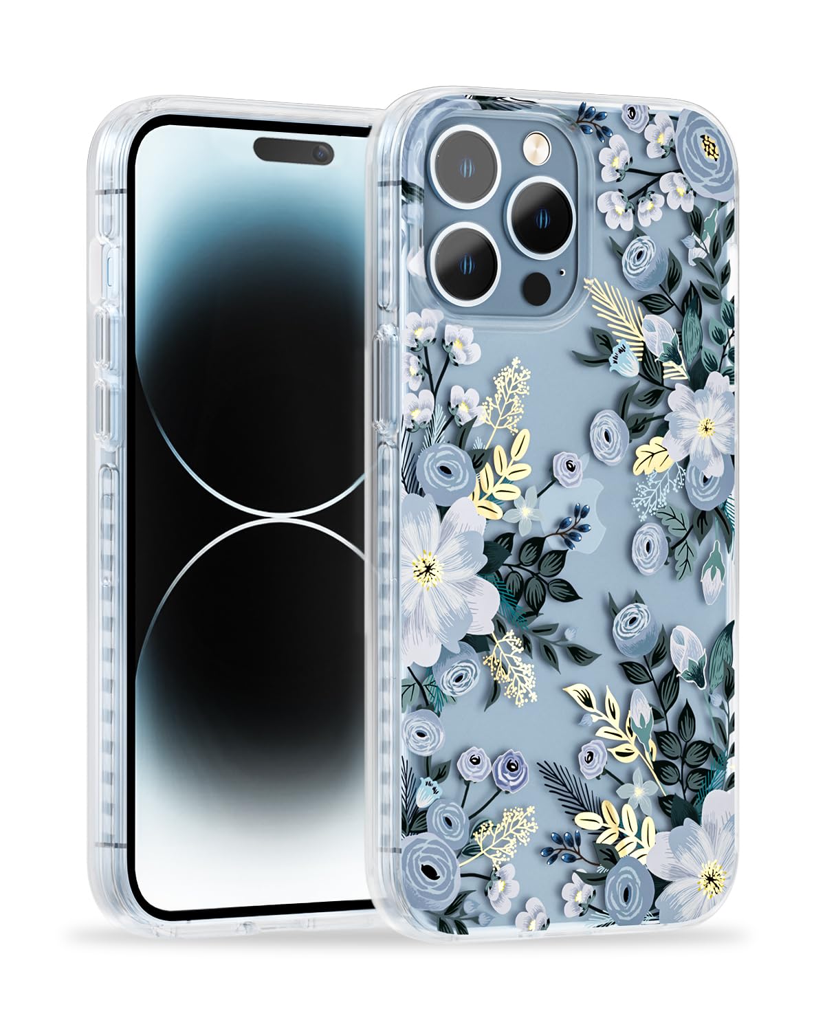 SCORPIFY for iPhone 14 Pro Max Case with Blue Nemophila Floral Design, Cute Clear Flower Phone Cover for Women Girls, [Non Yellowing] Slim Shockproof Bumper with Gold Accents — image 1
