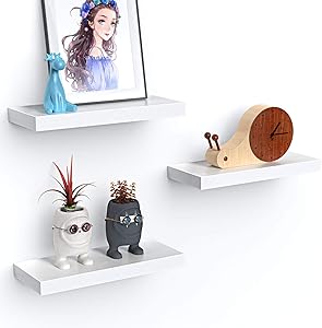 Amada White Floating Shelves Invisible Wall Mounted 3 Sets, Modern Faux Wood Storage Shelves with Matte Finish, Perfect for Bedroom, Bathroom, Living Room and Kitchen Storage