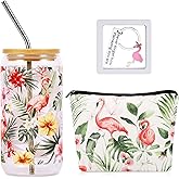 TAOVEEK 3Pcs Flamingo Gifts Set for Women, Birthday Gift Set Flamingo Glass Cup with Straw and Brush Flamingos Keychain and Cosmetic Bag