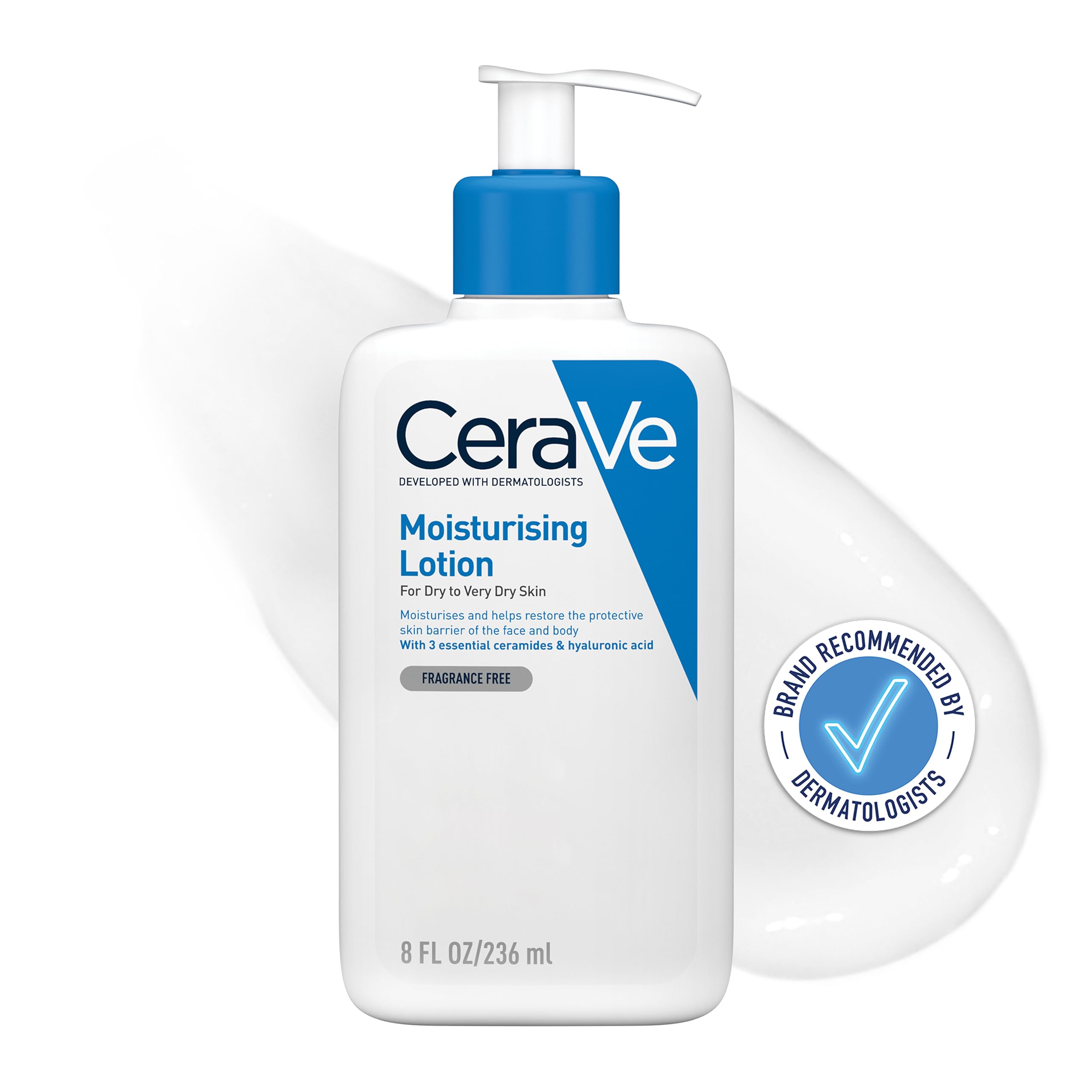 CeraVe Moisturising Lotion for normal to very dry skin, Enriched with 3 Essential Ceramides, Hyaluronic Acid and MVe technology, Face moisturiser skin care, Daily Hydrating Moisturiser, 236ml