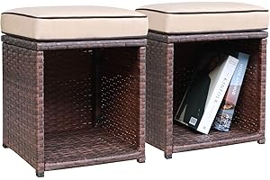 JOIVI 2 Pieces Outdoor Patio Ottoman, All Weather Rattan Wicker Ottoman Set, Outdoor Footstool Footrest Seat with Removable Cushions Storage Space, Beige