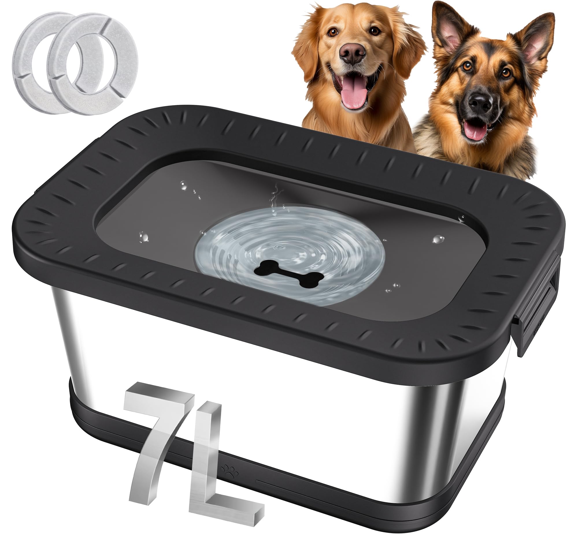 Photo 1 of Decflow 7L Stainless Steel Dog Water Bowl, No Spill Anti-Splash Dog Bowls with Anti-Skid Mat, Spill-Proof Slow Feeder for Messy Drinkers, Heavy Duty Pet Bowls for Indoor/Outdoor Use Black