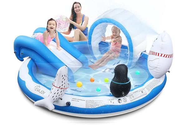 Inflatable Play Center, EVAJOY Kiddie Pool with Slide for Children, Sprinkler, Ice & Snow Theme with Inflatable Dolls, Easy Setup for Garden, Backyard, Indoor Usage