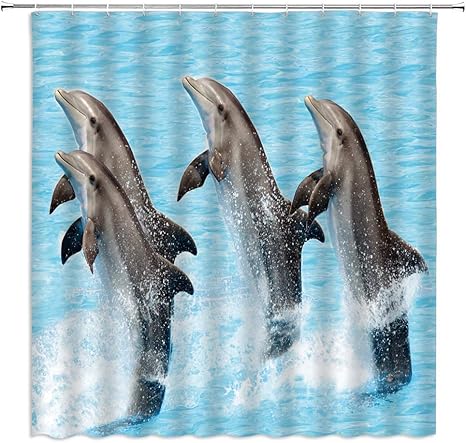 Amazon 子供のためのかわいいイルカシャワーカーテン水族館ショー少年少女の装飾イルカ家族ハッピージャンプ陽気な楽しい動物画像 布製バスルームセットフック付属70x70インチ カーボン 180x180 Cm シャワーカーテン ホーム キッチン オンライン通販