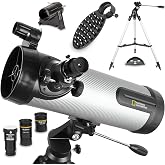 National Geographic NT114CF 114mm Carbon Fiber Reflector Telescope, Tripod | 500mm focal length f/4.4, 2 Plossl eyepieces, 2x Barlow lens, red dot finder, smartphone adapter, beginner astronomy