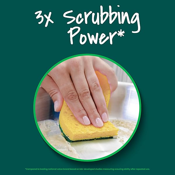 SCOTCH-BRITE HEAVY DUTY SCRUB SPONGE, 9 KITCHEN SPONGES DESIGNED FOR TOUGH MESSES IN THE KITCHEN THAT LAST 3X LONGER*, BEST FOR CAST IRON SKILLETS AND OUTDOOR GRILLS, FLEXIBLE, DURABLE, AND STRONG