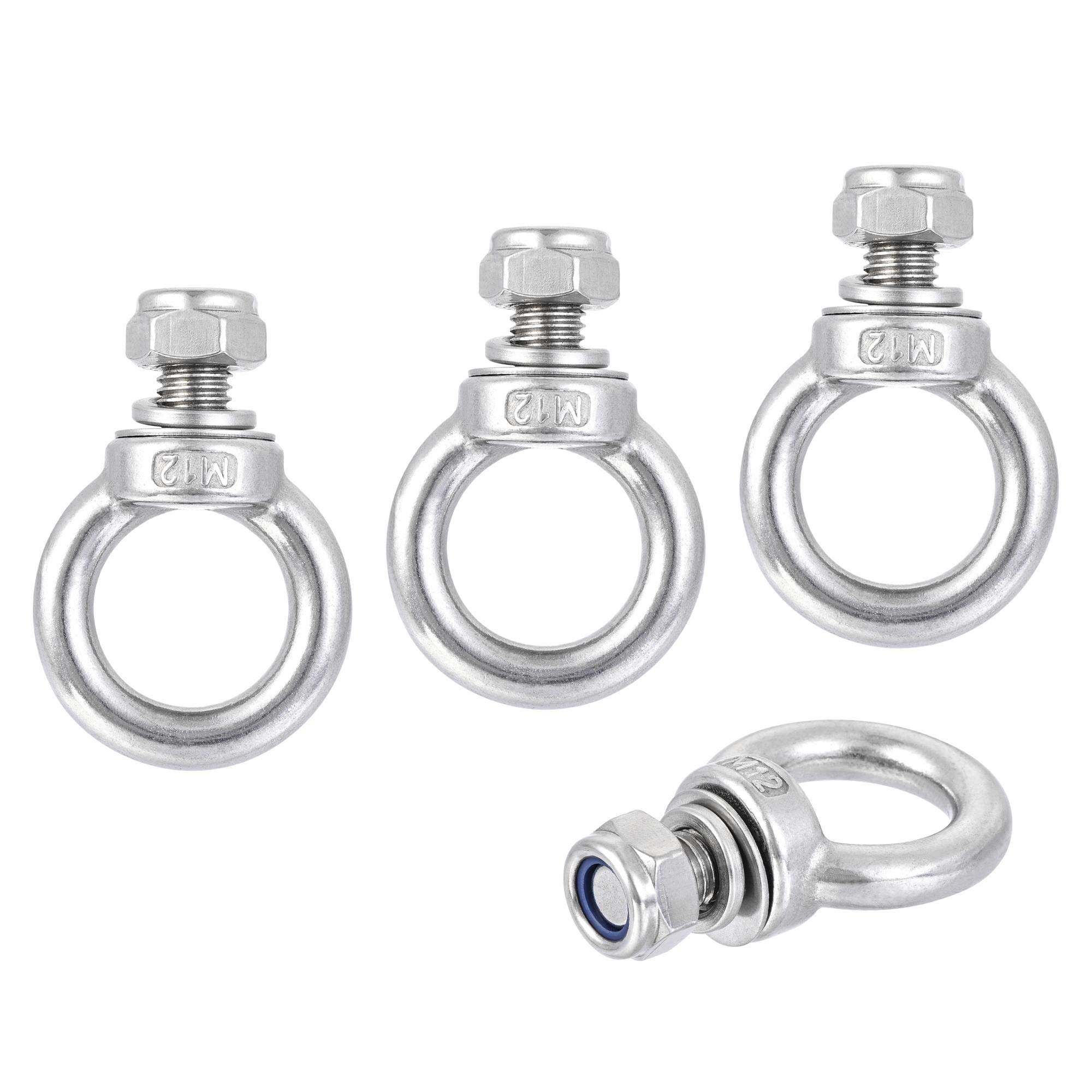 sourcing map Lifting Eye Bolt M12 x 20mm Male Thread with Hex Screw Nut Gasket Flat Washer for Hanging Securing Chain Wire Rope, 304 Stainless Steel, 4 Sets