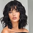 XIXIBI Black Wig with Bangs Short Bob Wavy Natural Looking Synthetic 14 Inch Black Wig for Women for Daily Cosplay Party Use