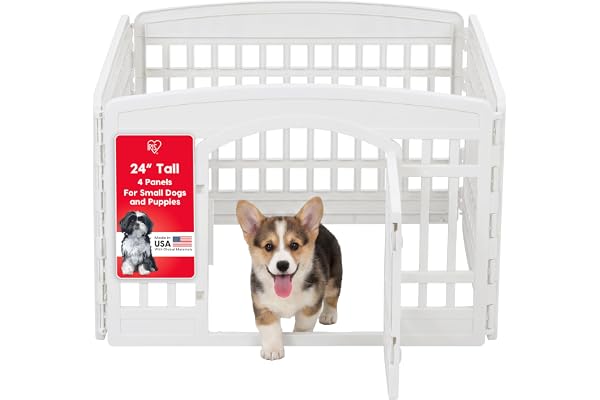 IRIS USA 24" Dog Playpen 4 Panel with Door, Indoor Outdoor Puppy Pen, White | Customizable enclosure, heavy-duty molded plast
