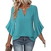 Bebonnie Womens Tops Dressy Casual Ruffle 3/4 Sleeve Henley V Neck Chiffon Blouses with Buttons