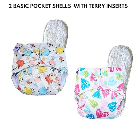 superbottoms Basic 2 Certified Soft Fleece Lined Adjustable Pocket Diapers with 2 Wet-Free Inserts with Snaps (One Size, 4 Sizes in 1, 5-17 kg) - Pack of 2