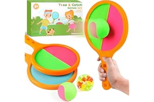 HUACHUANG Toss Catch Ball Toy Set: Outdoor Games for Kids with 2 Paddles 2 Balls Outside Toys Beach Backyard Games Activities for Ages 3-12 (Orange)
