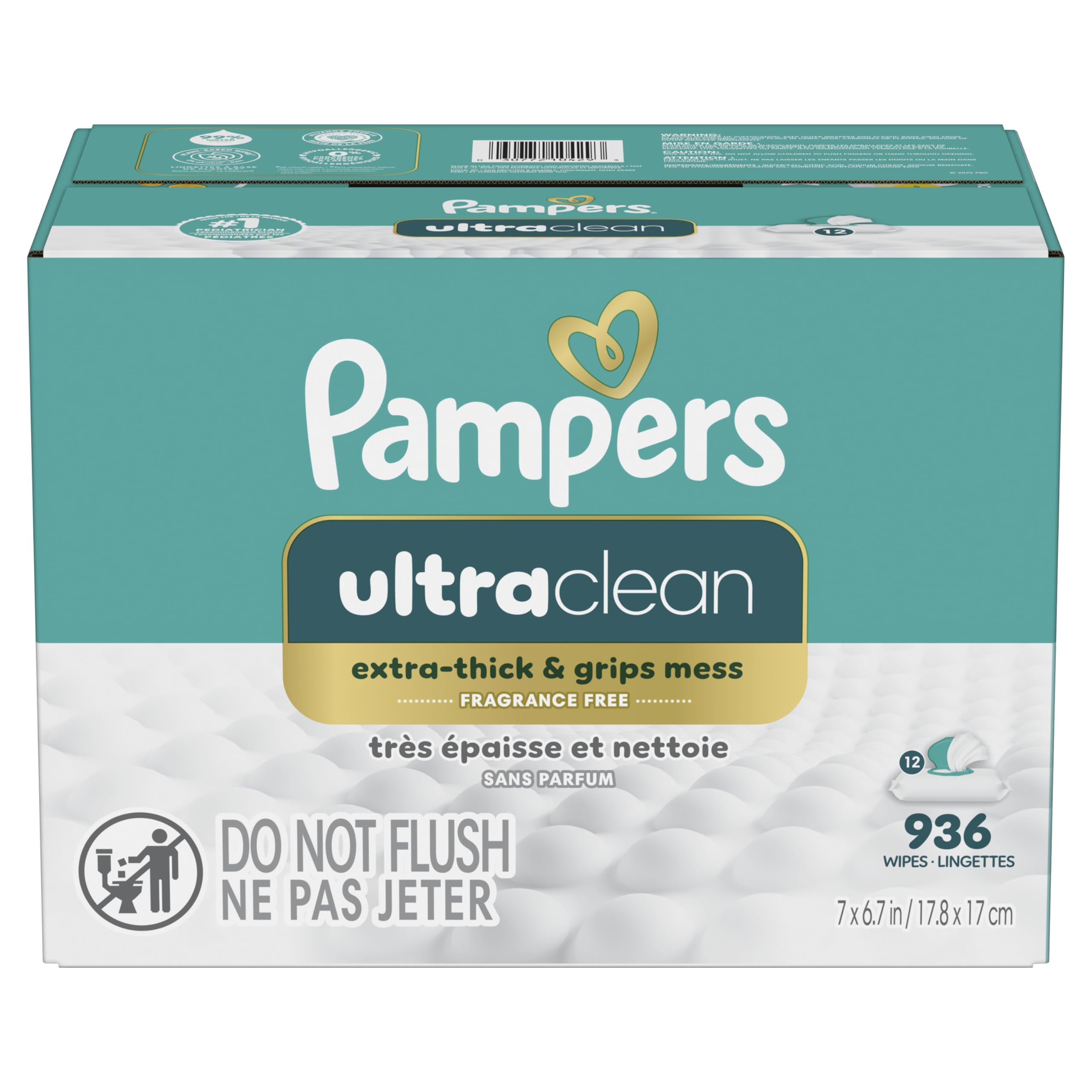 Pampers Ultra Clean Baby Wipes (Previously 'Free & Gentle'), 99% Water, Hypoallergenic, Unscented, 100% Plant Based, Plastic-Free, 936 Baby Wipes Total (12X Flip-Top Packs) [Packaging May Vary]