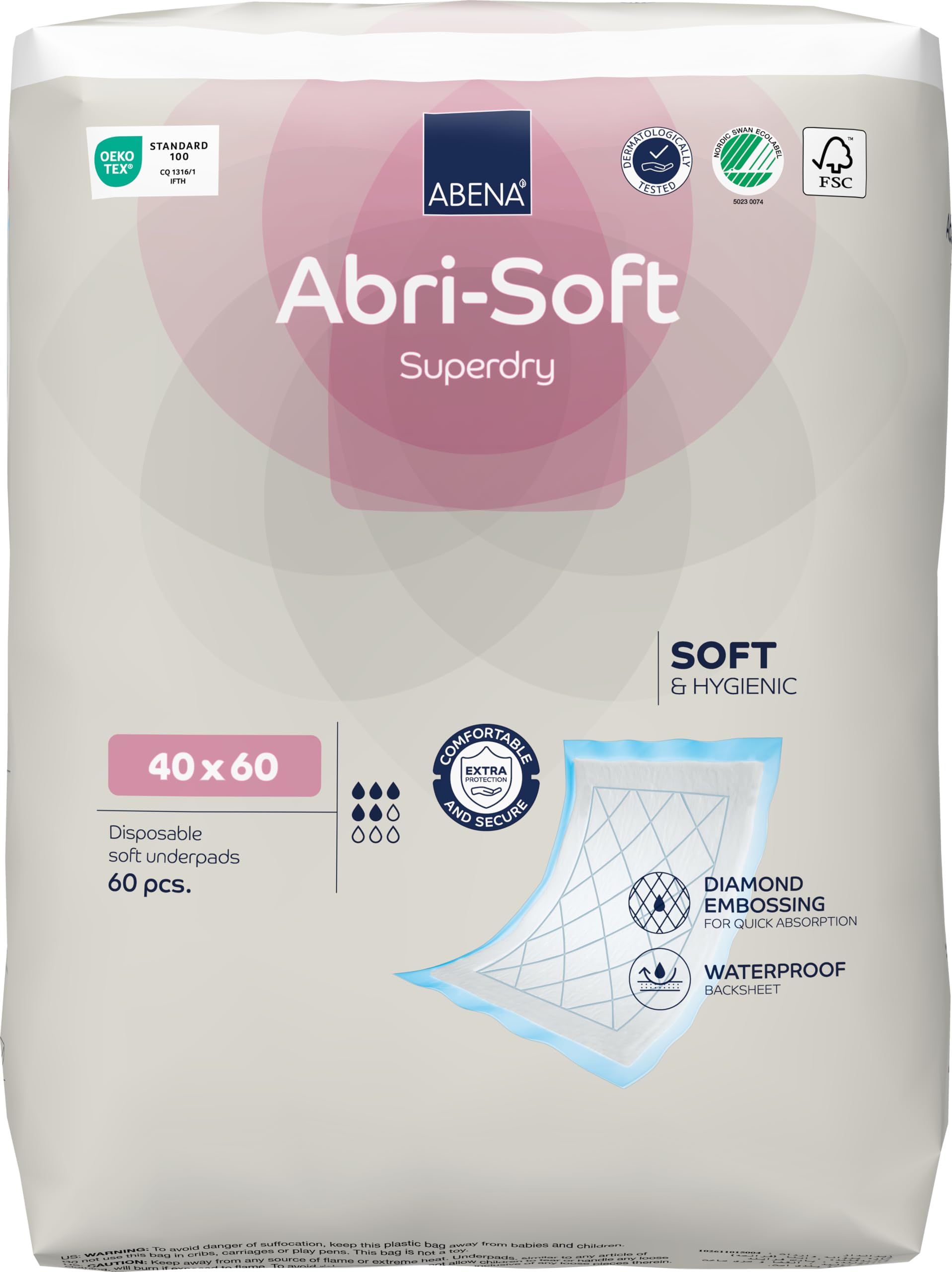 ABENA Abri-Soft Superdry Disposable Incontinence Bed Pads, Eco-Friendly Incontinence Underpads, Leak Protection, Soft & Secure Bed Protectors for Incontinence - 40x60cm, 60 count (Pack of 1)