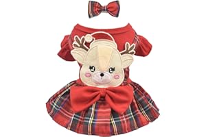 FLAdorepet Reindeer Dog Christmas Dress with Hair Bow,Pet Cat Antler Costume Holiday Outfits,Classic Red Plaid Puppy Skirt Dresses Clothes for Small Medium Dogs Girl,L