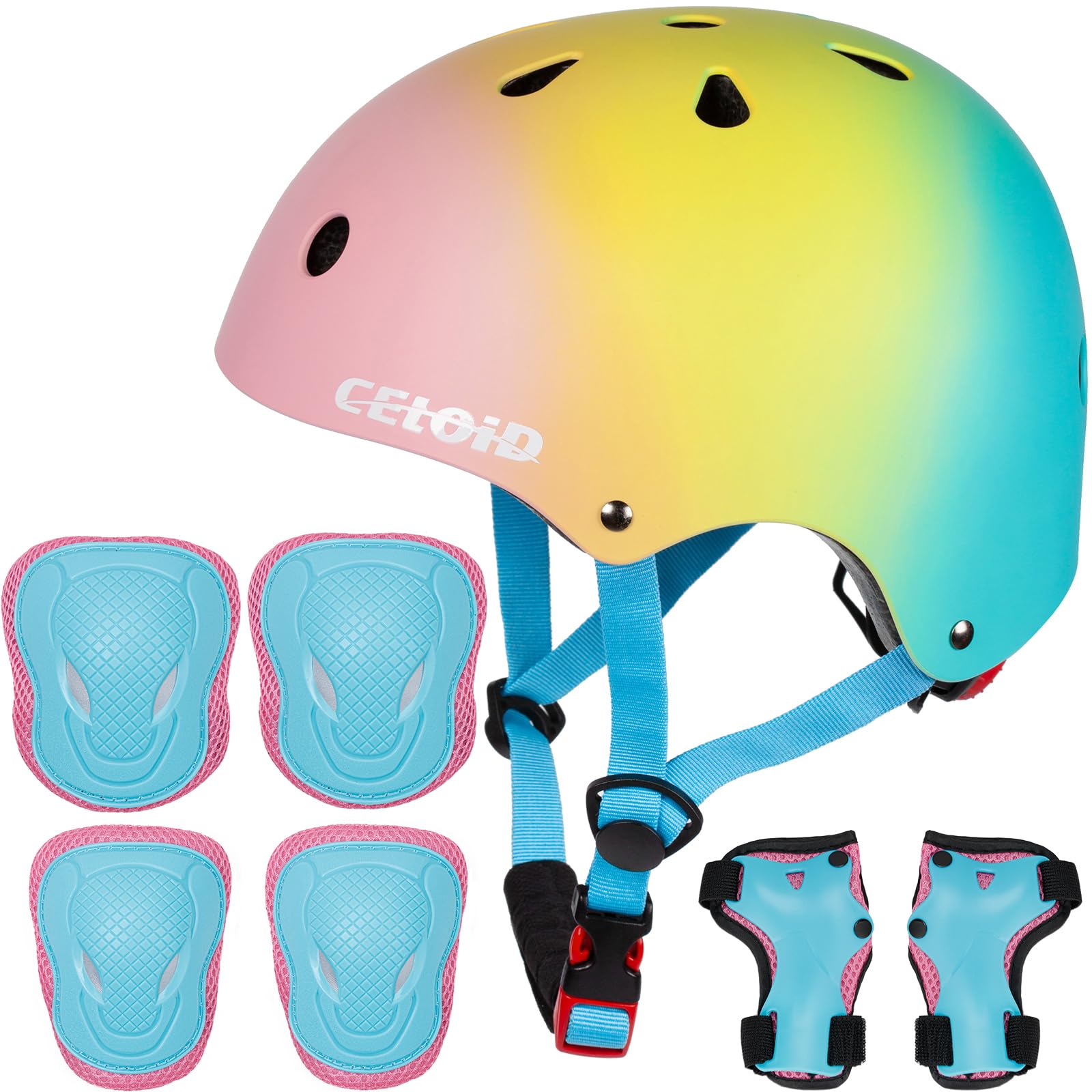 CELOID Kids Helmet Pad Set,Adjustable Kids Skateboard Bike Helmet Knee & Elbow Pads Wrist Guards 5-8 yrs Kids Protective Gear Set for Girls Boys Bicycle Bike Roller Scooter Rollerblade Sport,P-blue