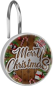 NOAON Shower Curtain Hooks Rings 12 PCS Stainless Steel Round Bathroom Bath Decor - Illustration of Christmas Wooden Background with fir Branches and Christmas Elements