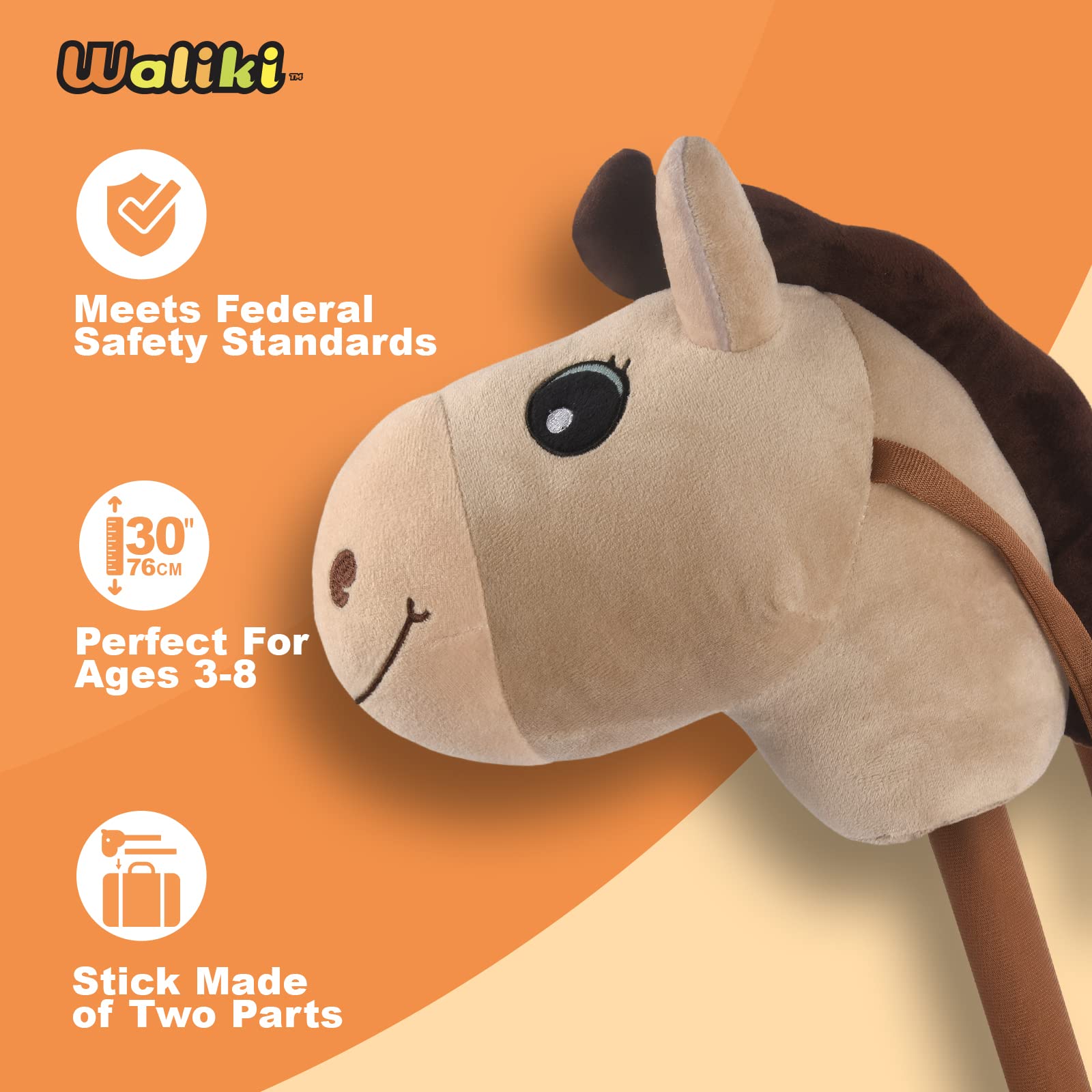 WALIKI Stick Horse Toy for Boys and Girls | Cool Cowboy Ride-On Toy | Fun Birthday Gift for Kids Ages 3 4 5 6 | Active Pretend Play for Toddlers & Preschoolers (Beige)