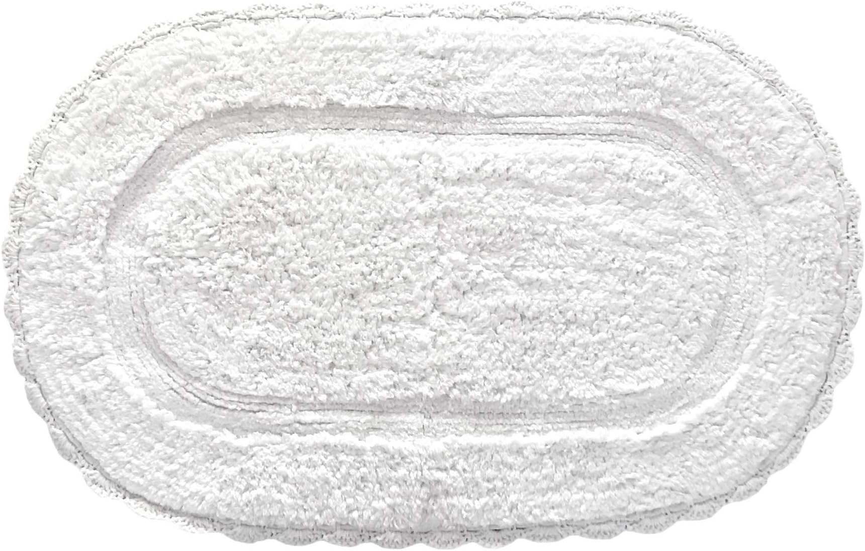 White Bath Rug: Soft and Absorbent Oval 100% Cotton with Decorative Crochet Border, 20" x 32" Inches