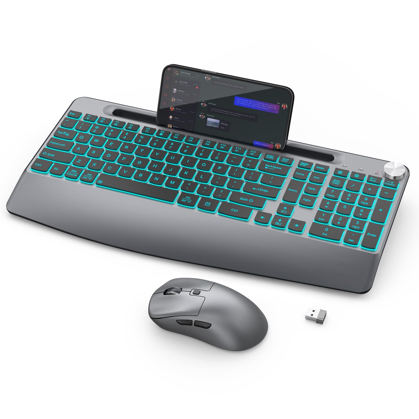 Photo 1 of Wireless Keyboard and Mouse Backlits - Full-Sized Ergonomic Lighted Keyboard with Wrist Rest, Phone Holder,2.4GHz Rechargeable Silent Keyboard Mouse Combo for Computer, Laptop, PC, Mac -Grey