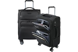 KROSER Softside Expandable Carry On Luggage with Front Business Pockets，20 Inch Suitcases with Spinner Wheels & Built-in TSA Lock, Durable Suitcase Rolling Luggage with USB Port, Black